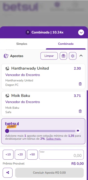 Bilhete com aposta m&uacute;ltipla turbo ativada na Betsul