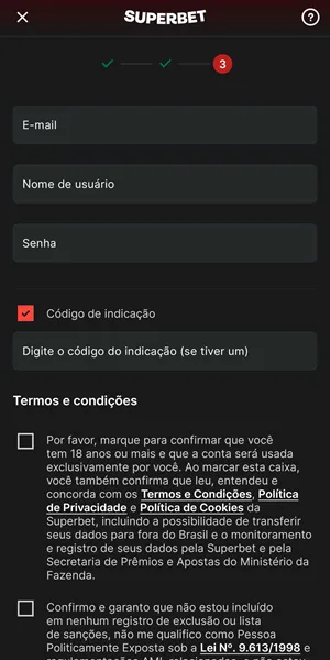 Formul&aacute;rio de cadastro na Superbet