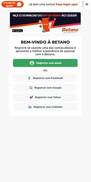 Imagem da tela para iniciar o processo de cadastro na Betano