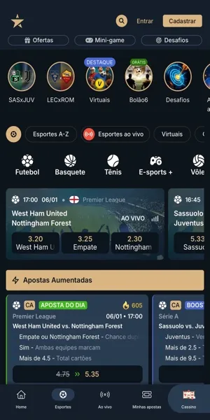 Imagem da p&aacute;gina principal da se&ccedil;&atilde;o de apostas da Estrelabet