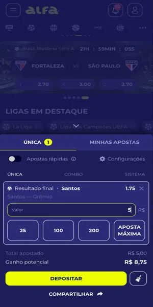 Tela com um bilhete de apostas para futebol na Alfa.bet