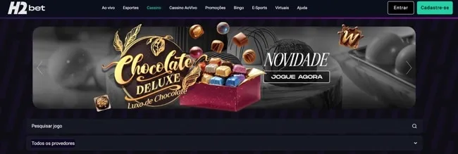 Topo da p&aacute;gina principal do cassino online da H2Bet