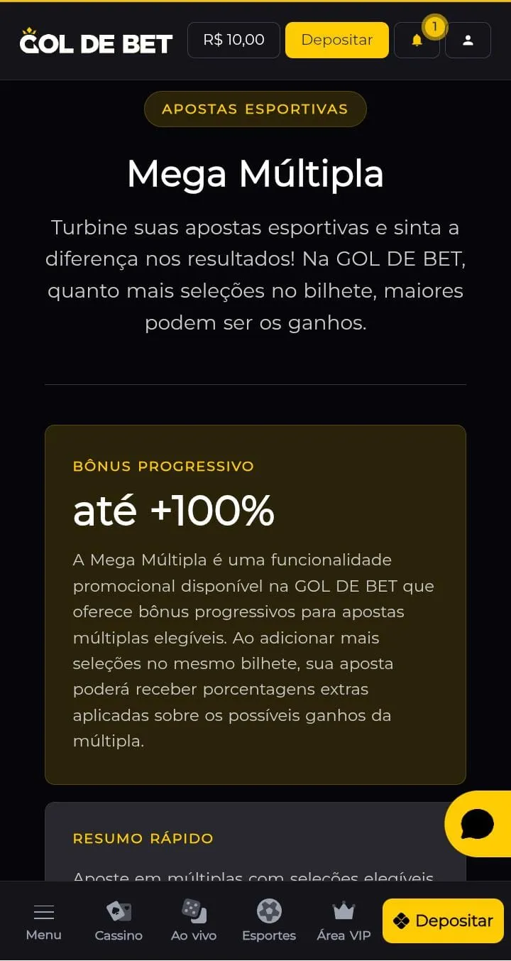 Oferta Mega M&uacute;ltipla da Gol de Bet
