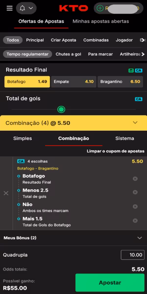 Imagem de uma aposta feita com o recurso Criar Aposta da KTO