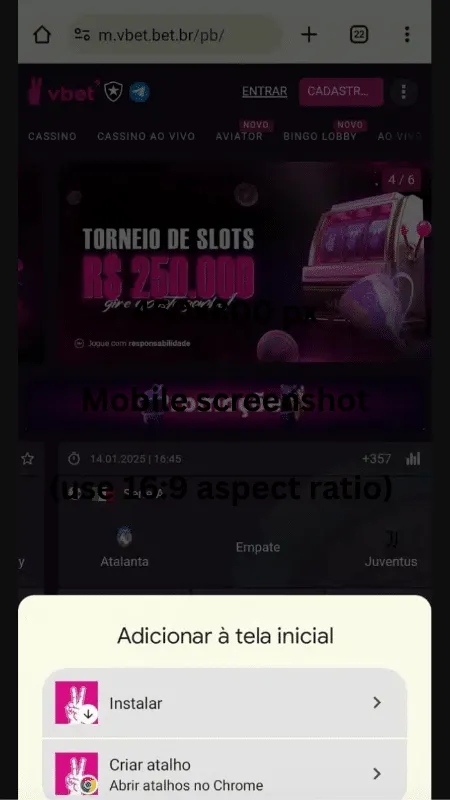 Tela para acessar a VBet com atalho no Android