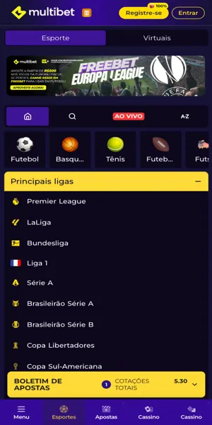 Tela inicial da Multibet com opções de apostas esportivas em futebol