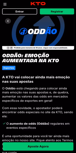 Imagem da p&aacute;gina da promo&ccedil;&atilde;o Odd&atilde;o KTO, tenha suas cota&ccedil;&otilde;es de apostas aumentadas todos os dias.