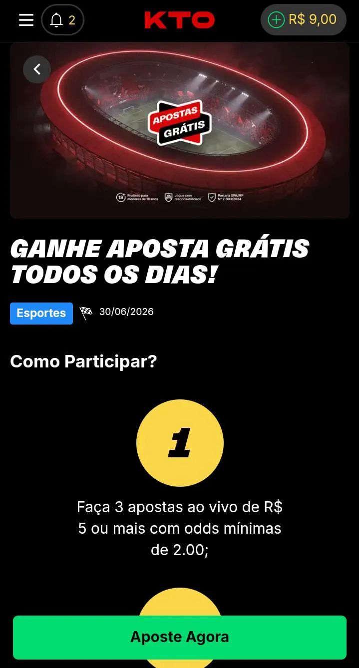 Oferta de apostas gr&aacute;tis todos os dias na KTO