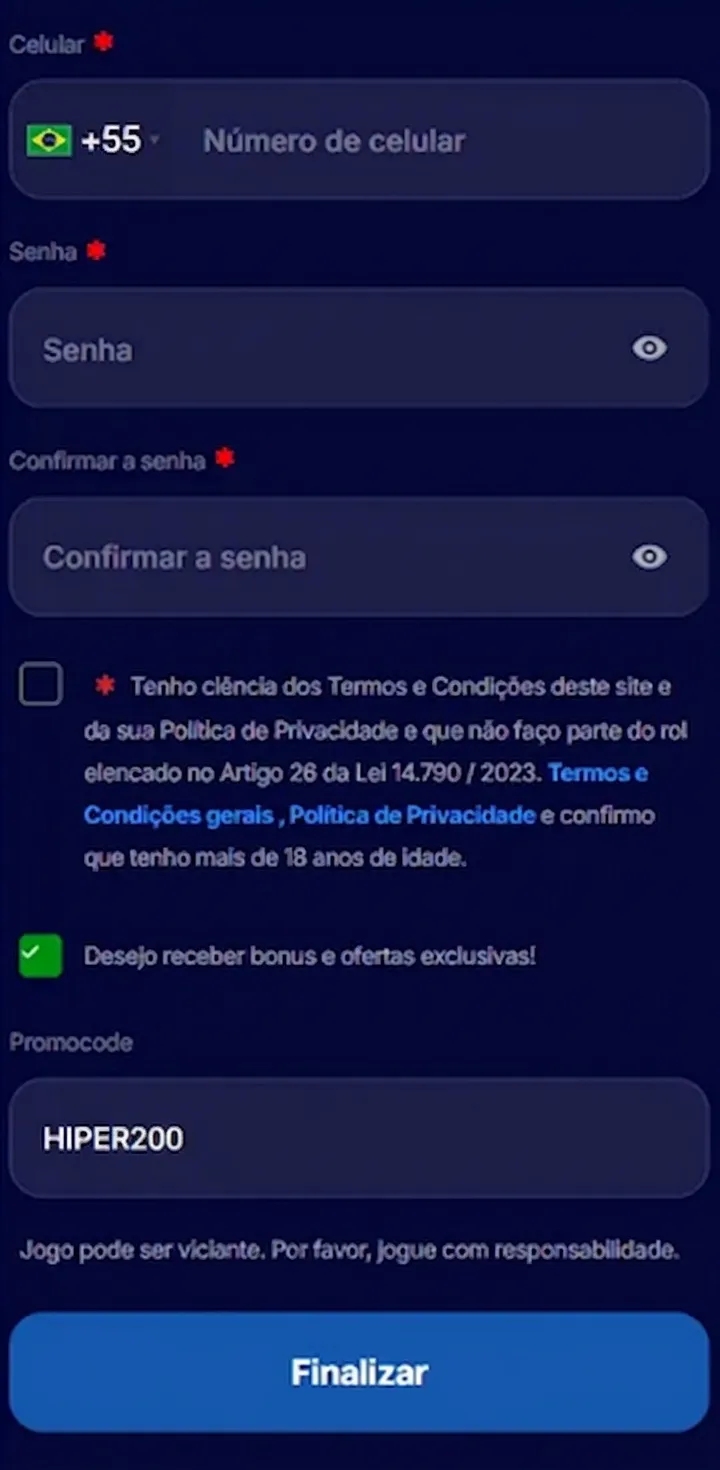 Formul&aacute;rio de cadastro na Hiperbet com o c&oacute;digo Hiper200