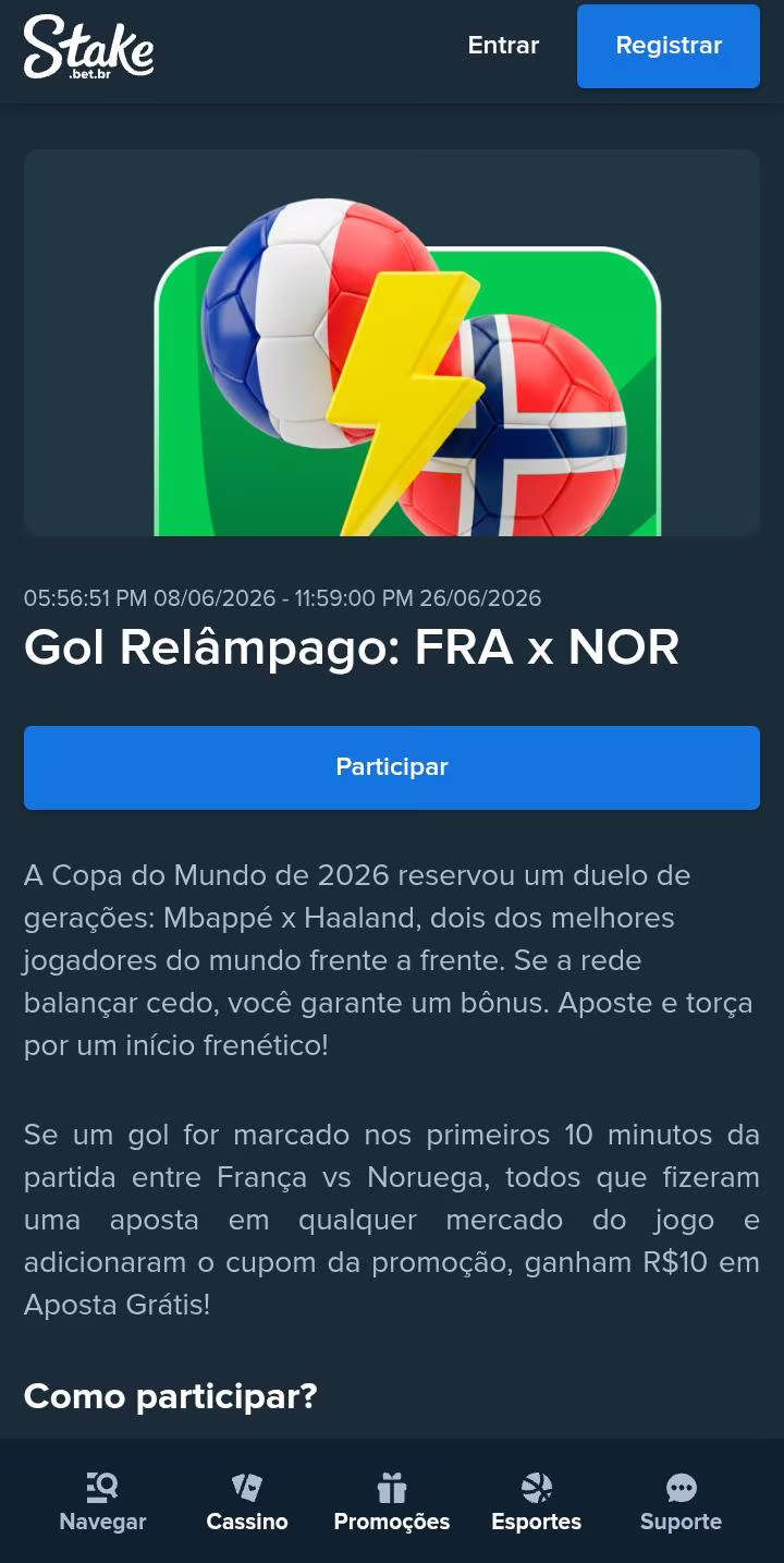 Oferta Gol Rel&acirc;mpago para Fran&ccedil;a x Noruega na Stake