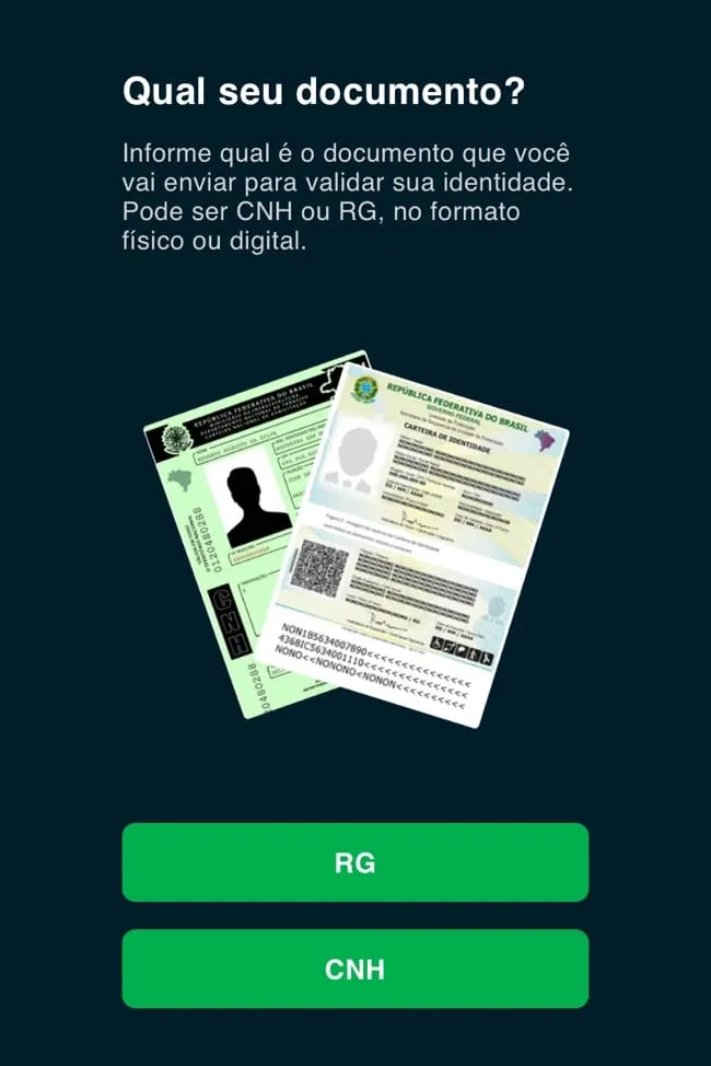 Tela inicial para a verificação do seu documento de identidade antes de realizar suas apostas. Seubet aceita RG ou CNH.