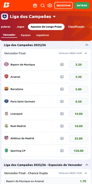Imagem com op&ccedil;&otilde;es de postas de longo prazo na Champions League na Betano