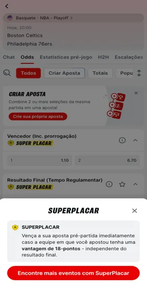 Captura de um jogo da NBA com a possibilidade de receber pagamento antecipado com 18 pontos de vantagem na Superbet