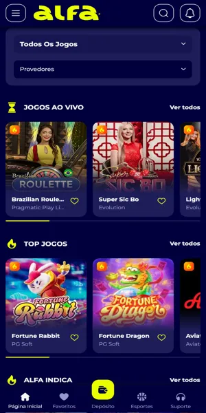 Imagem da se&ccedil;&atilde;o de cassino online da Alfa bet