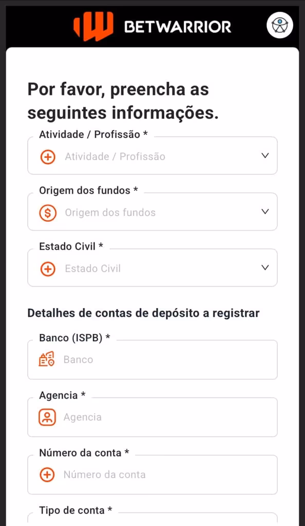 Imagem da segunda parte do formul&aacute;rio sobre informa&ccedil;&otilde;es sens&iacute;veis do usu&aacute;rio durante o cadastro com c&oacute;digo promocional Betwarrior