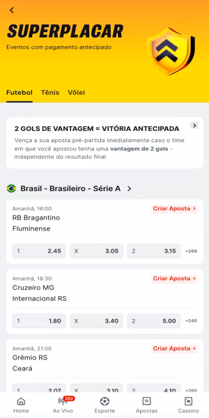Imagem com op&ccedil;&otilde;es de jogos com SuperPlacar em diversos esportes na Superbet