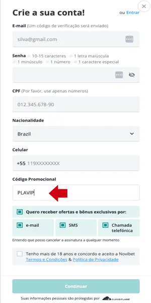 Imagem com a tela de cadastro e campo para inserir o c&oacute;digo promocional Novibet