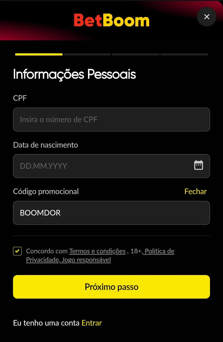 Formul&aacute;rio de cadastro da Betboom com o c&oacute;digo promocional preenchido