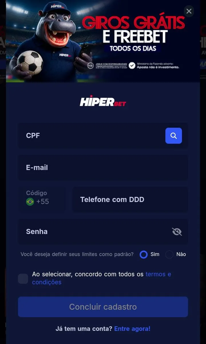 P&aacute;gina de cadastro da Hiperbet