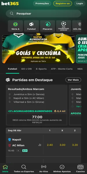 Imagem da se&ccedil;&atilde;o de apostas esportivas da bet365