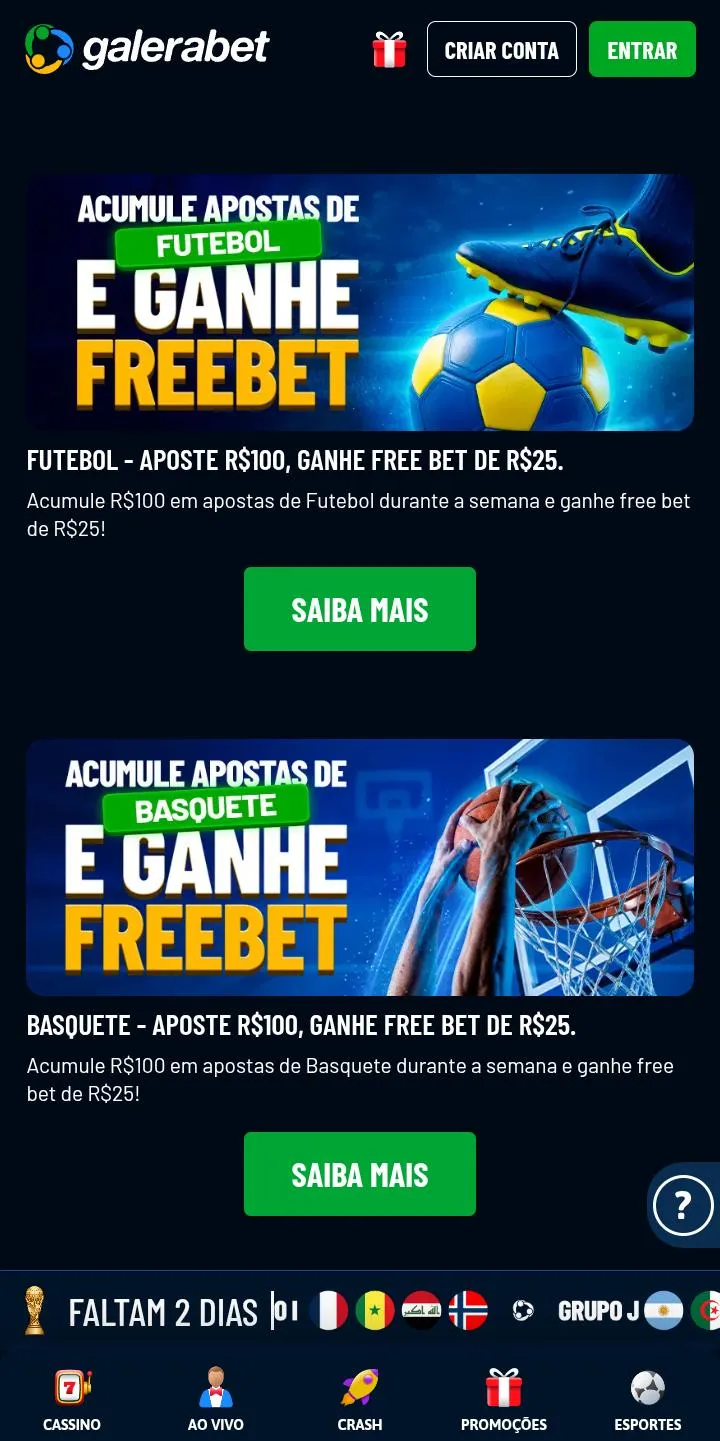 Ofertas de Acumule Apostas e ganhe freebet da Galera Bet