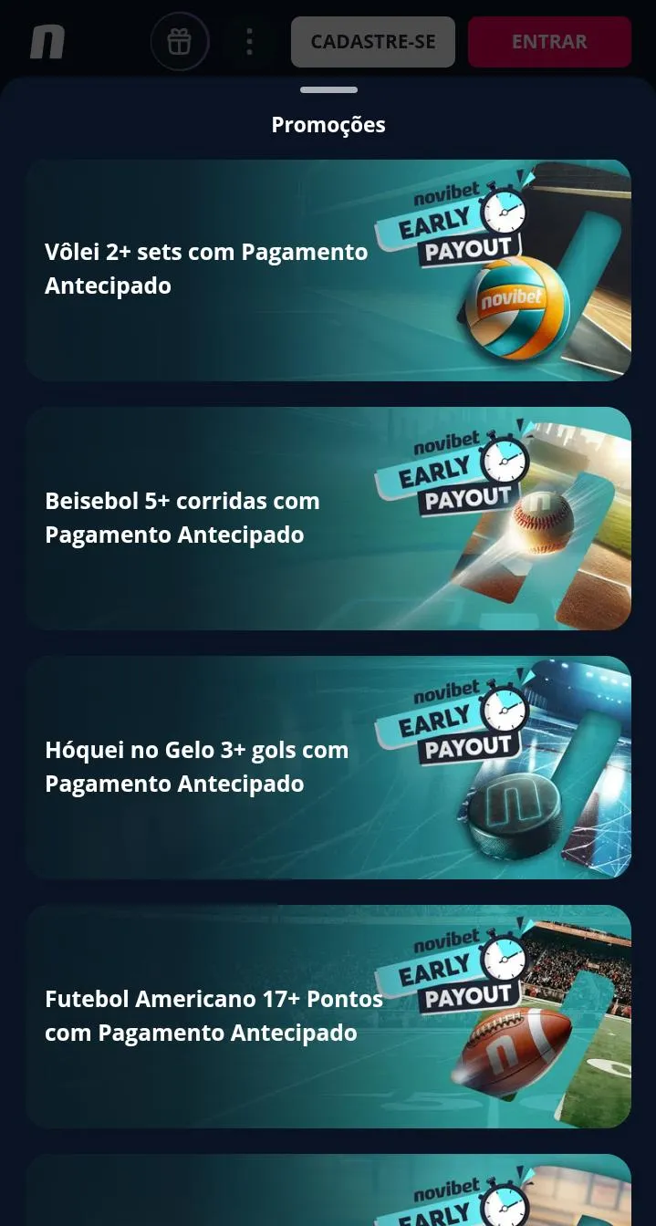 Ofertas de pagamento antecipado na Novibet
