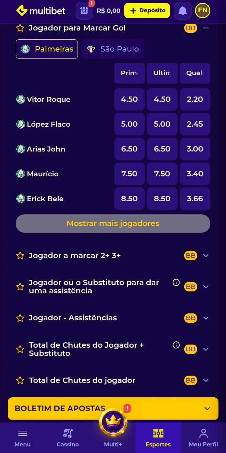 Mercado de jogadores com o Criar Aposta da Multibet