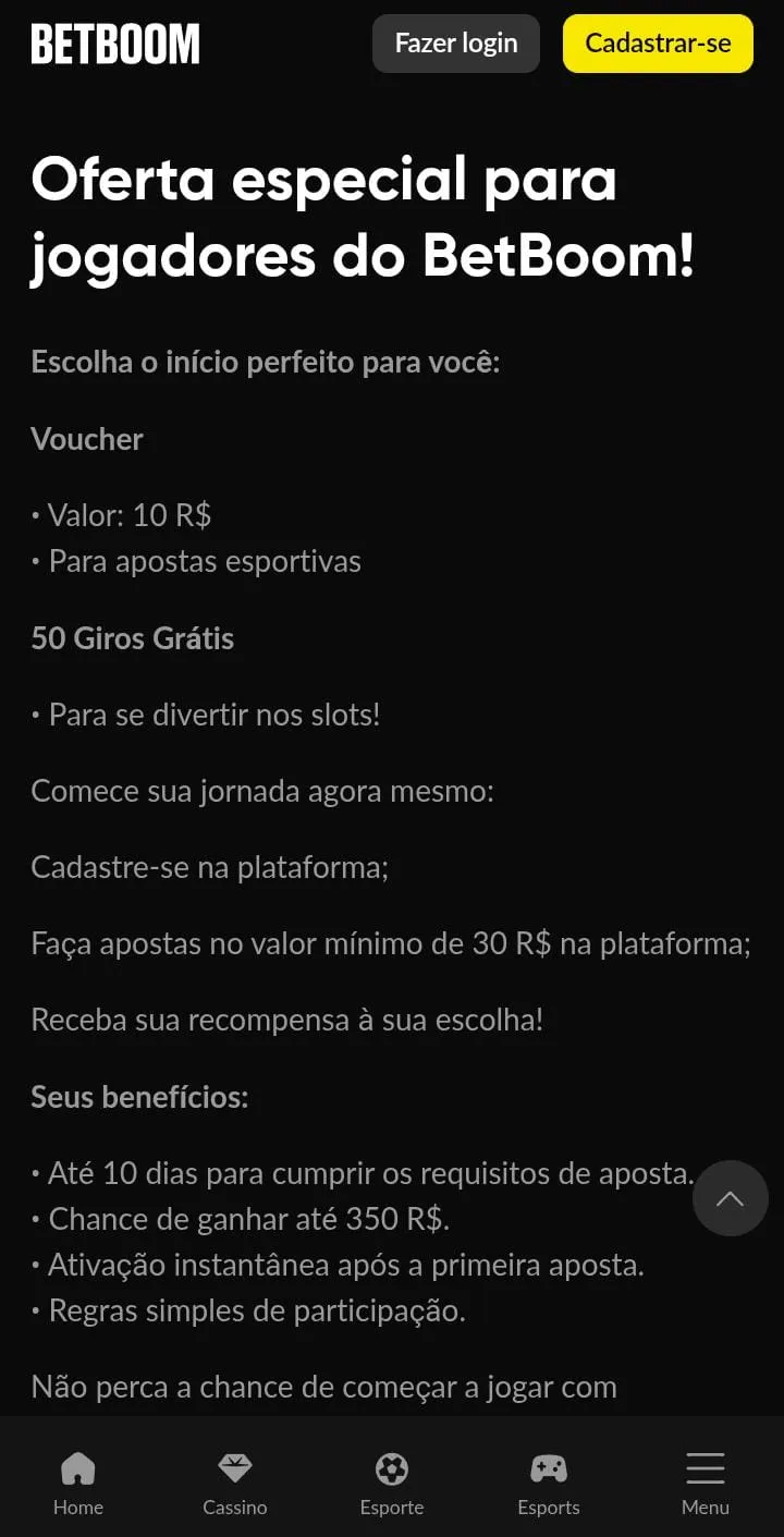 Oferta especial para jogadores da Betboom