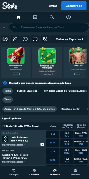 Tela inicial da Stake e suas op&ccedil;&otilde;es de promo&ccedil;&otilde;es e apostas com ganhos antecipados e altos pr&ecirc;mios 