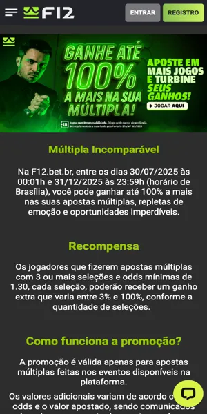 Imagem da página promocional da oferta "Múltipla Incomparável" da F12 Bet
